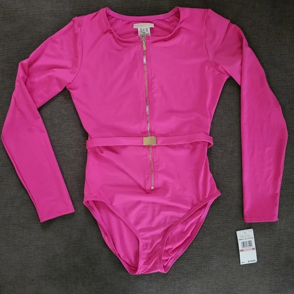 Michael Kors Pink long Sleeve Zip Up Logo Belt One Piece Paddle Swimsuit Size 8 - Picture 9 of 10
